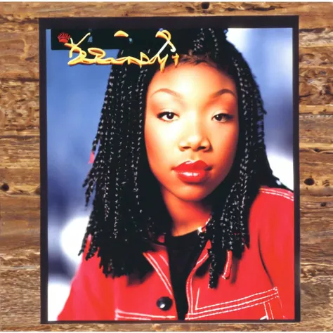 a 1995s album cover, with a photo of brndi,  <lora:brndiXL:1> brndi, brndi close up, brndi 16 years old, ((album cover title: "Brandy":1)) ((depth of field:1)), brndi in focus,, wearing red overalls ,,