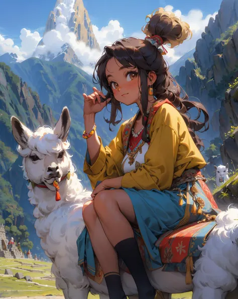 anime girl sitting on a llama in the mountains with a mountain in the background