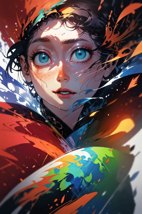 a woman with blue eyes and a red cape is holding a globe