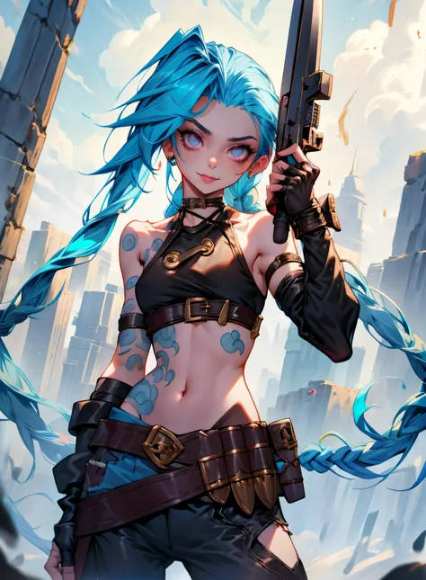 a woman with blue hair holding a gun in her hand（jinx (league of legends))