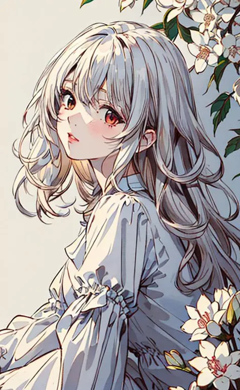 (best quality), ((masterpiece)), (highres), original, extremely detailed wallpaper,portrait, from side, (yellow flower and colors background), illustration, (expressless:1.2), 
beautiful detailed eyes:1.5, 1girl, red eyes, (((white medium  hair))), ((wavy...