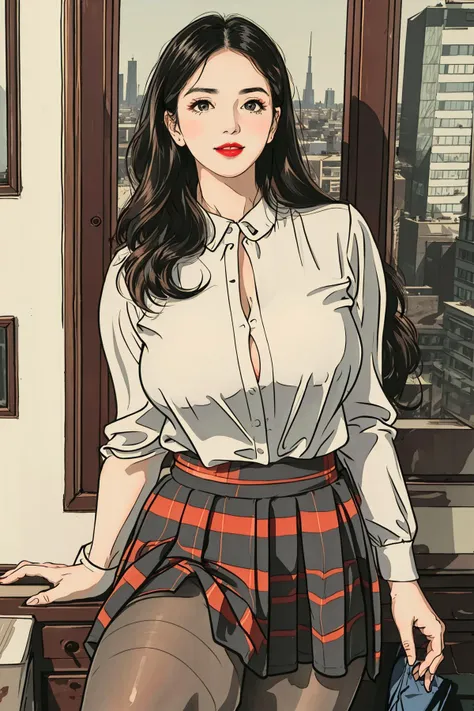 --prompt"young curvy woman with long hair wearing a white open blouse, huge breasts, visible underwear, red lips, pleated gray plaid skirt, lace pantyhose, heels, extremely detailed skin pores, (detailed skin:1.2), in cluttered office room with city scene ...