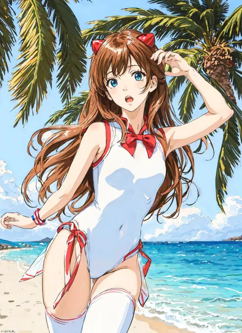 masterpiece, best quality, highly detailed, (from below:0.8), looking at viewer, 
1girl, cute, graceful, anime cosplay, shocked expression, disgusted expression, asuka langley ballet outfit, leotard, white tights, palm trees, beach, instagram model