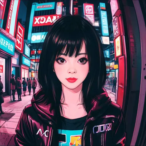 1girl,City streets,fisheye,neon palette, cyberpunk, photorealistic,