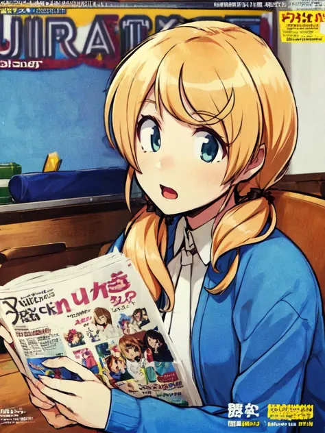 a woman reading a newspaper in a classroom with a desk