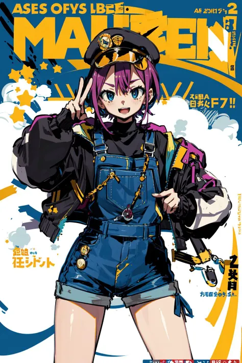 1girl, sfw, cap, shorts, jacket, (magazine cover-style illustration of a fashionable woman in vibrant outfit posing in front of ...