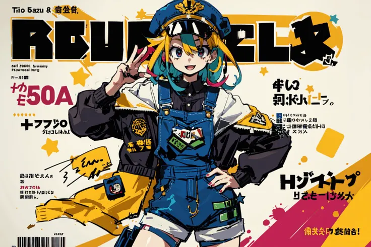 1girl, sfw, cap, shorts, jacket, (magazine cover-style illustration of a fashionable woman in vibrant outfit posing in front of ...