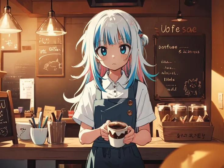 1girl, gawr gura, detailed eyes, coffee shop, portrait, buttons, white shirt, collared shirt, black pants, volumetric lighting, ...