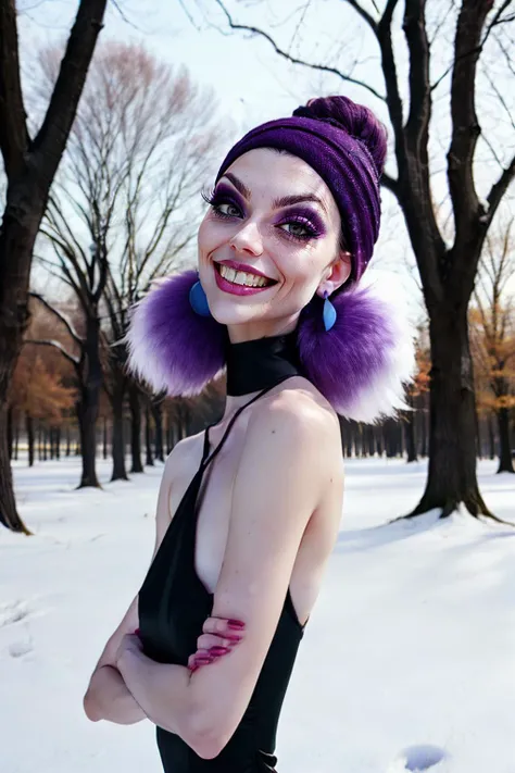 Yzma, purple upward hair, black eyes, eyeshadow, pale skin, small breasts, black dress, jewelry, bare shoulders, fur collar, hair cap, round earrings, looking at viewer, smiling, medium shot,  standing, arms crossed, outside, park, field, snow, trees, wint...