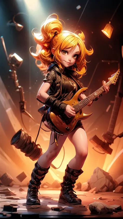 (Realistic),masterpiece,best quality,cinematic lighting,highest detail,aesthetic,Birds Eye View,3dcutecharacter,
r1ge,1girl,sexy girl,chibi,solo,light smile,charming,20yo,full body,looking at viewer,perm hair.Blunt bangs,Canary yellow hair,
(playing guitar...