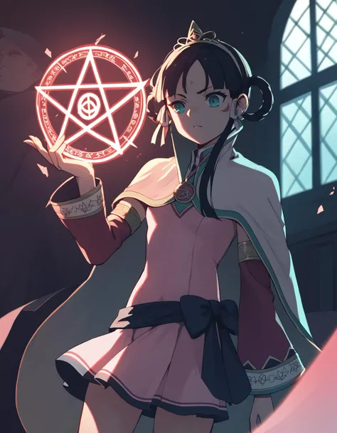 a woman in a pink dress holding a pentagram