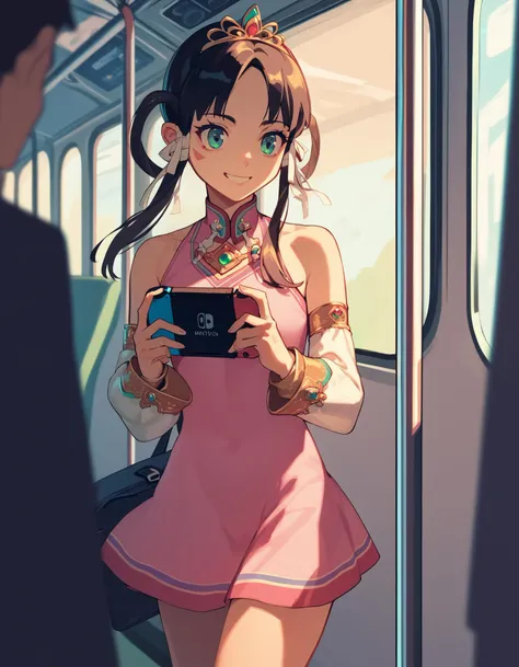 anime girl in pink dress on train looking at cell phone