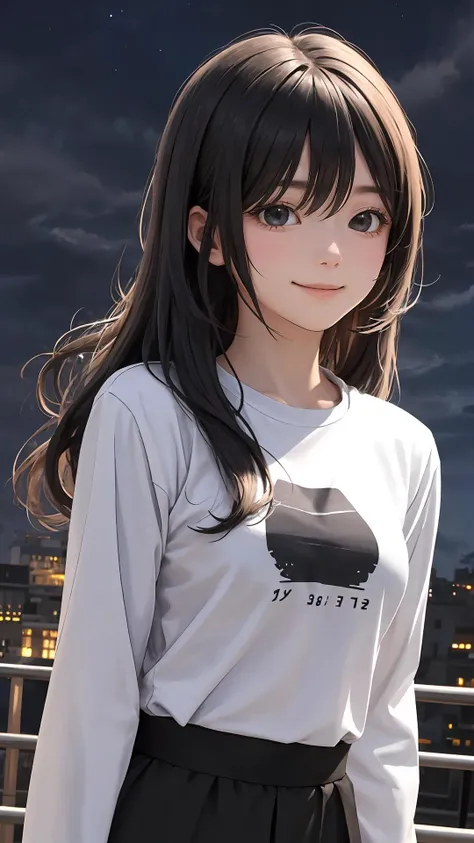 (character on front:1.2), long hair, (wavy hair:0.9), fringe, outdoors, {day|dawn|night},
(upper body:0.7), black clothes, long sleeves, happy, cloudy sky, medium breasts, t-shirt,