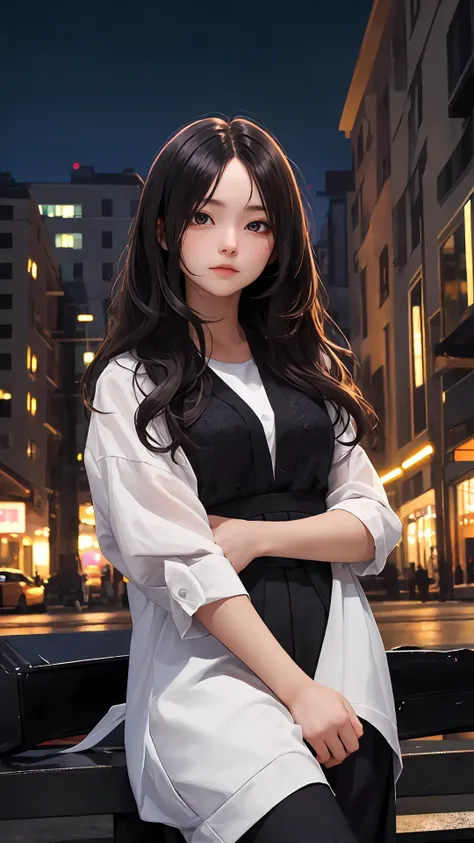 (Long hair with natural waves), (character on front), outdoors, dark hair, dark eyes, lady, masterpiece, best quality, looking at viewer,
night, black theme,