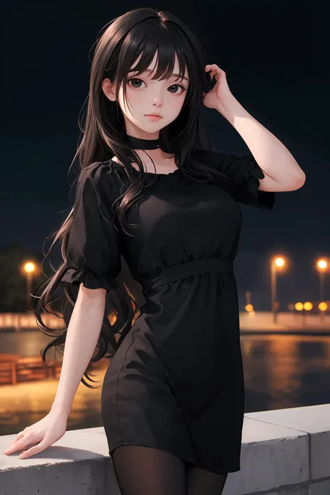 (masterpiece:1.2),(absurdres:1.2),(best quality:1.2),(looking at viewer),
shiny skin,very long hair,bangs,
natural wavy,
pantyhose, 
cowboy shot,
dress, 
outdoors, night,
park,
arm behind back,
black hair, black eyes, (white|black theme), medium breasts,