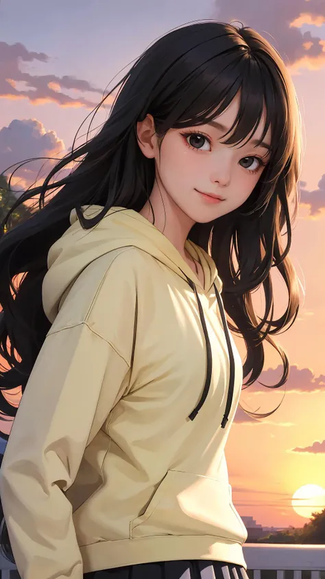 (masterpiece), (best quality), (absurdres), (looking at viewer), (upper body), (happy face:0.7),
sunset, 
town, outdoors,
long hair, black hair, natural wavy, side bang, fringe, black eyes,
hoodie with skirt,