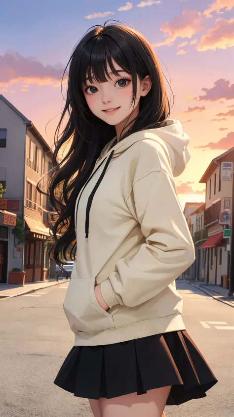 (masterpiece), (best quality), (absurdres), (looking at viewer), (cowboy shot), (happy face:0.7),
hoodie, skirt,
sunset, 
town, outdoors,
long hair, black hair, natural wavy, side bang, fringe, black eyes,