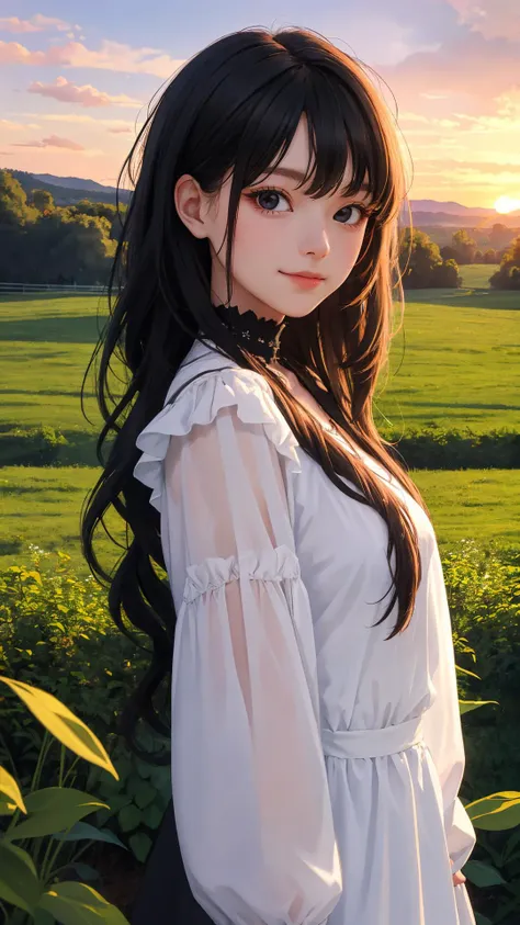 (masterpiece), (best quality), (absurdres), (looking at viewer), (upper body), (happy face:0.7),
sunset, 
country side, outdoors,
long hair, black hair, natural wavy, side bang, fringe, black eyes,
gothic dress,