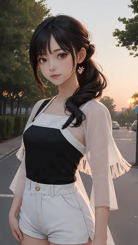 (masterpiece), (best quality), looking at viewer, character on front,
lady, light black eyes, outdoors, fringe, (natural wavy:0.9),
{tight skirt|shorts}, summer, (dawn:1.3), cinematic, 
{street|pup|bar|city|town|park|date},
{Long hair|Shaggy cut|ponytail|p...