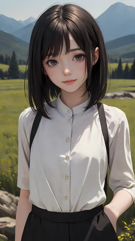 cinematic, depth of field, 
(masterpiece:1.4),(best quality:1.4),(looking at viewer),
mountain,
upper body,
(happy face:0.8),
suit,
stocking,
dark_eyes,
outdoors,
dawn,
girl,
small breasts,
ivory hair,
(natural wavy:0.8),
pixie cut,
(dark theme),