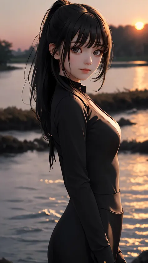 cinematic, depth of field, 
(masterpiece:1.4),(best quality:1.4),(looking at viewer),
river,
upper body,
(happy face:0.8),
clothes,
no_legwear,
dark_eyes,
outdoors,
sunset,
girl,
medeum breasts,
black hair,
fringe,
Top knot,
(black theme),