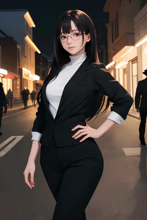 (masterpiece:1.2),(absurdres:1.2),(best quality:1.2),(looking at viewer),
shiny skin,very long hair,bangs,
sleek,
pantyhose, 
cowboy shot,
pants, 
outdoors, night,
town,
hands on hip,
black hair, black eyes, (white|black theme), medium breasts, 
joyful fac...