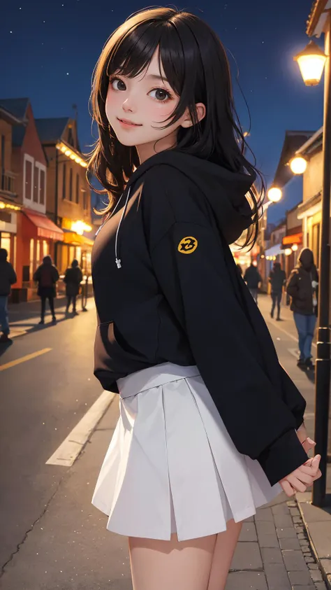 (masterpiece), (best quality), (absurdres), (looking at viewer), (cowboy shot), (happy face:0.7),
hoodie, skirt,
night, 
town, outdoors,
long hair, black hair, natural wavy, side bang, fringe, black eyes,