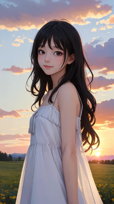 (masterpiece), (best quality), (absurdres), (looking at viewer), (upper body), (happy face:0.7),
sunset, 
country side, outdoors,
long hair, black hair, natural wavy, side bang, fringe, black eyes,
dress,