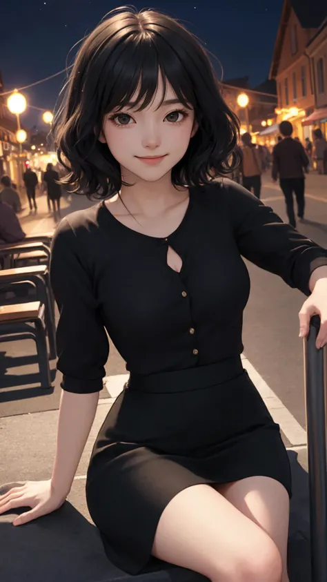 (masterpiece), (best quality), looking at viewer, character on front,
{girl|lady}, light black eyes, outdoors, fringe, natural wavy,
medium breasts, tight skirt, summer, night, cinematic, 
happy face,
{sitting|standing}, 
{street|pup|bar|city|town|park|dat...