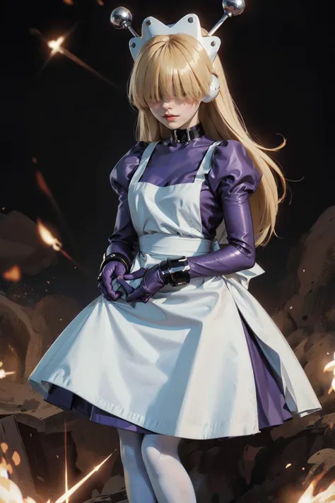 1girl, photorealistic, HAIR OVER EYES,CHOKER, BLONDE HAIR, LONG HAIR, MAID, APRON,LONG SLEEVES, MAID HEADDRESS, WHITE PANTYHOSE, ROBOT EARS, DRESS, BANGS, BLUNT BANGSmasterpiece, best quality,  full body,intense combat, unleashing dazzling special effects....