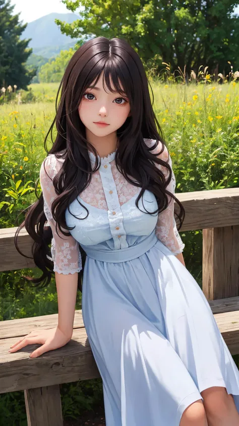 (Long hair with natural waves), (character on front), outdoors, dark hair, dark eyes, lady, masterpiece, best quality, looking at viewer,
day,