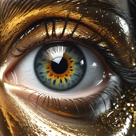 there is a close up of a person's eye with gold paint on it