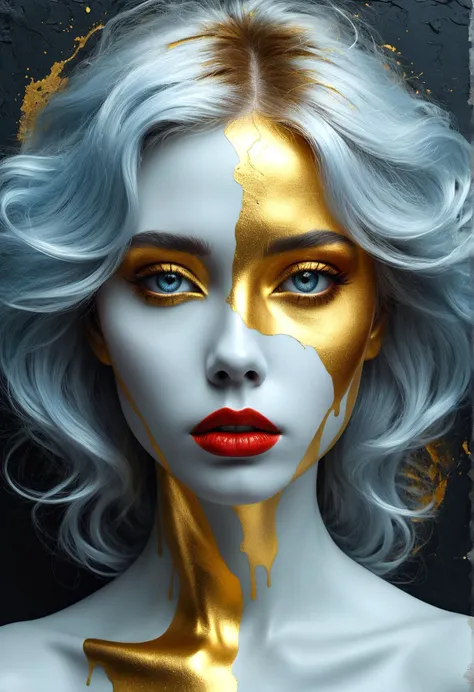 a woman with gold paint on her face and silver hair