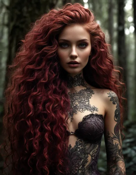 a woman with red hair and tattoos standing in the woods