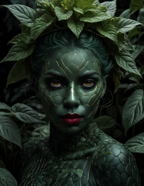 a close up of a woman with green paint and a leaf on her head