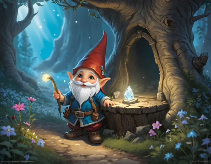 gnome with a wand and a glowing light in a forest