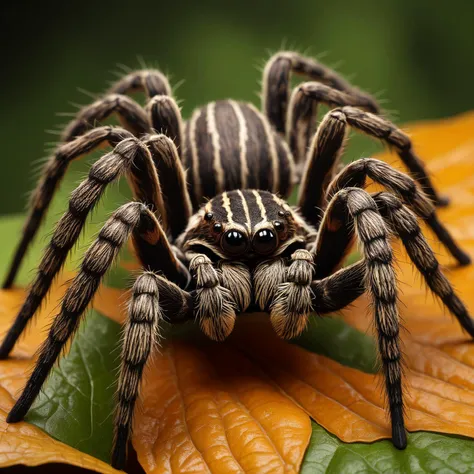 a close up of a spider on a leaf with a green background