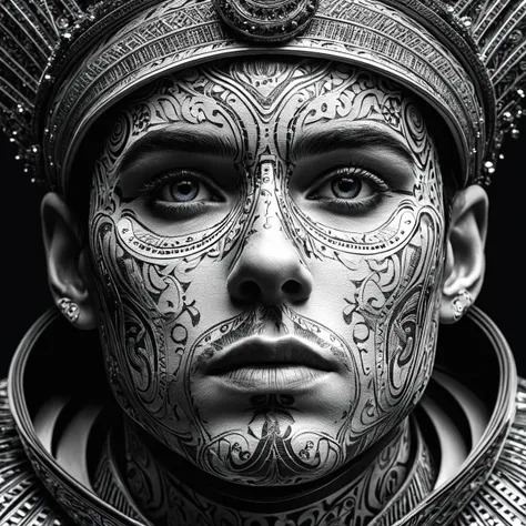 a black and white photo of a man with a face painted like a warrior