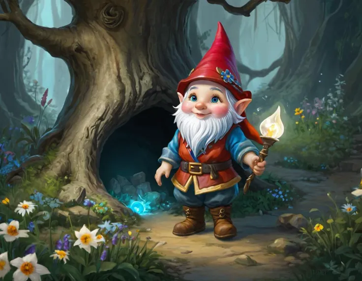 gnome with a sword in a forest with flowers and trees