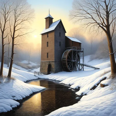 painting of a water wheel in a snowy landscape with trees