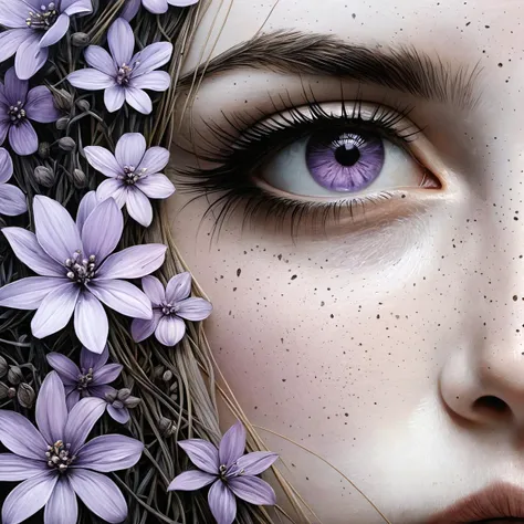 purple flowers surround a woman's face and her eyes