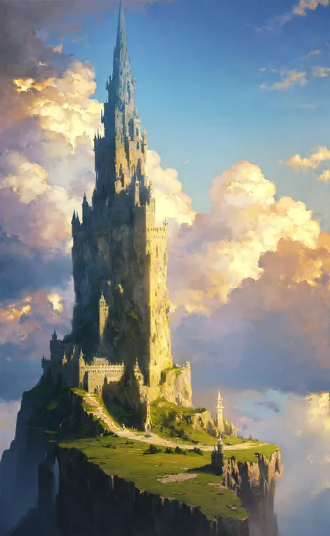 masterpiece, best quality, realistic fantasy illustration, wizard tower resting at a cliff, cloudy sky, volumetric lighting