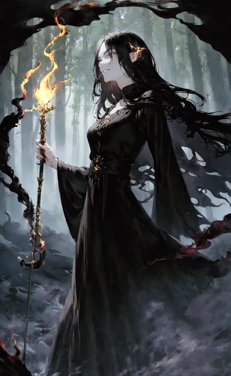 masterpiece, best quality, Black long straight hair, empty eyes, Black eyes, no pupils, evil grin, flowing black dress, magic wand, forest background, dark black smoke aura, battle