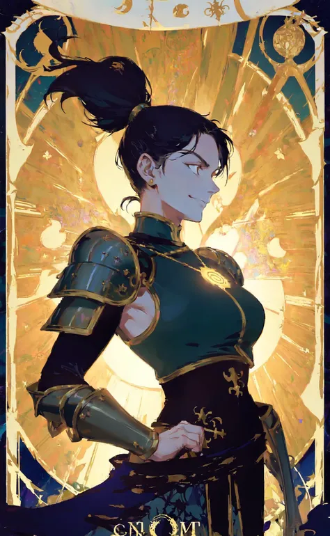 tarot card aesthetic, flat colors, 1girl, warrior, ponytail, elegant armor, banner, smug, smirk, sunbeam, holy, swirling