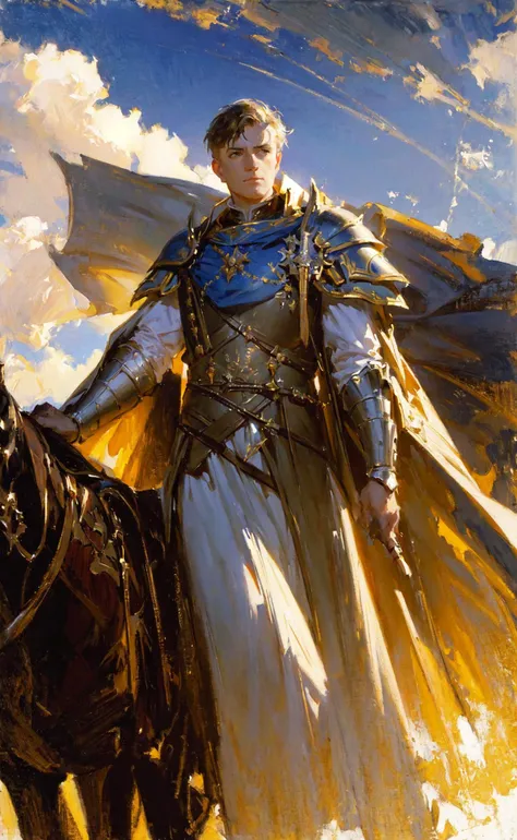 John Singer Sargent, oil painting portrait, gouache, thick brushwork, male royal knight paladin, moody lighting, cinematic, mystical, magical, rim lighting, fantasy, sunbeam, soft lighting, sparkle, glittering, sky, cloudy sky