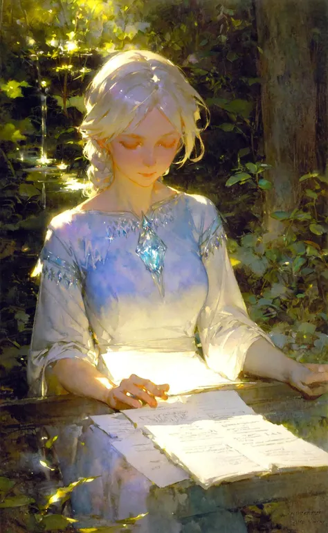 watercolor, Anders Zorn, (Elsa:1.1), sorceress studying, moody lighting, tranquil, calm, glow, glowing, mystical, magical, rim lighting, fantasy, sunbeam, soft lighting, sparkle, glittering