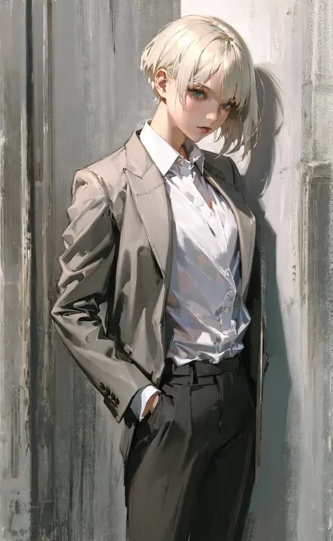 masterpiece, best quality, 1girl, short hair, platinum blonde hair, blazer, shirt, trousers