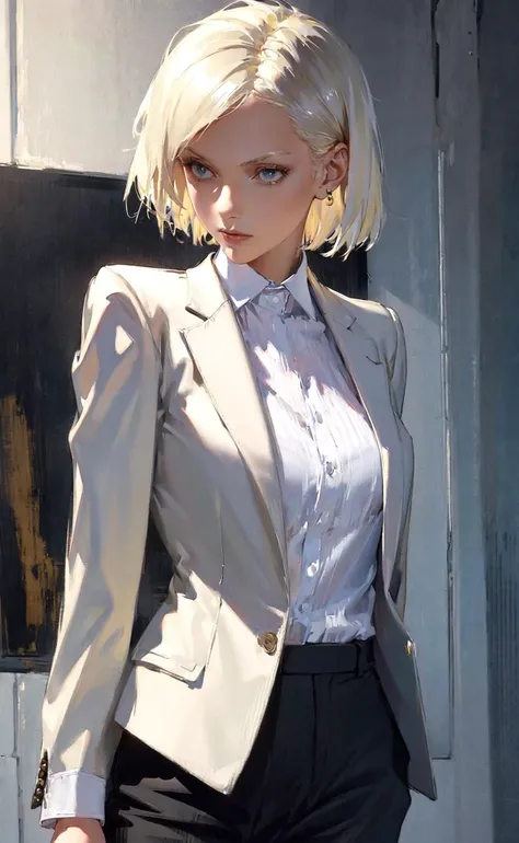 masterpiece, best quality, 1girl, short hair, platinum blonde hair, blazer, shirt, trousers