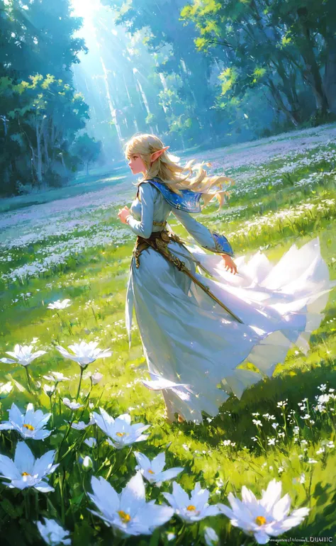 masterpiece, best quality, 1girl, elf adventurer walking through a field of white flowers, dutch angle, cinematic, volumetric lighting, sunbeam, soft lighting, mystical, magical, rim lighting, fantasy, sparkle, glittering