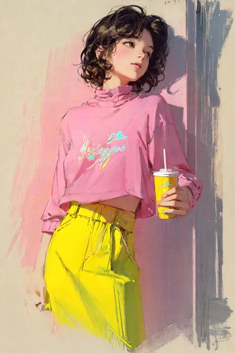 masterpiece, best quality, 1girl, sketch, vaporwave, cozy, pink and yellow, retro, soft,